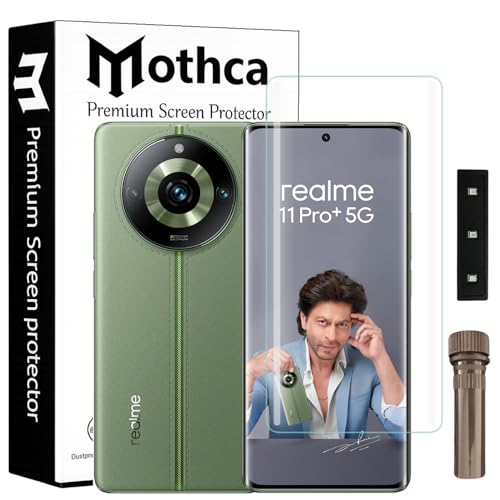 Image of Mothca Curved UV Tempered Glass Screen Protector for Realme 11 Pro Plus | Transparent | Pack of 1 | Full Screen Coverage with UV Installation Kit