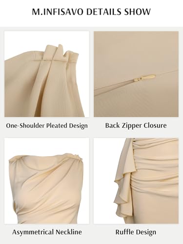 Image of M.Infisavo Women's Elegant Dress Asymmetrical Neck Ruched Bodycon with Ruffle Side, Sleeveless Dresses for Guest