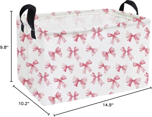 Image of Essme Rectangular Pink Baskets,Girls Storage Box,Cute Basket for Kids with Handles for Room Decor, Book Bins,Shelf Basket.(Pink Bowknot)