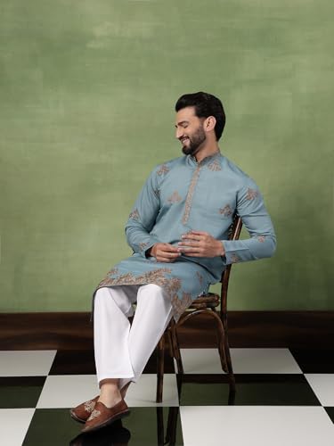 Image of SOJANYA (Since 1958 Men's Cotton Contrast Coffee Thread Embroidered Long Kurta