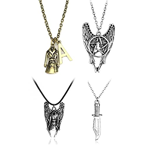 4 Pack Supernatural Merchandise Dean Angel Wings pentagram Dagger Knife Pendant Necklaces Silver And Bronze Super Natural Dean's 4 Pieces Necklace,20inch Chain