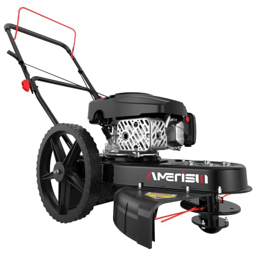 Image of AMERISUN 22 inch Gas Walk Behind String Trimmer with 1.9 inch-4.0 inch Cutting Height | 170cc 4-Cycle Gas Wheeled Weed Trimmer, 14 inch High Wheels, Foldable Handle, for Tall Grass, Brush and Overgrown Areas