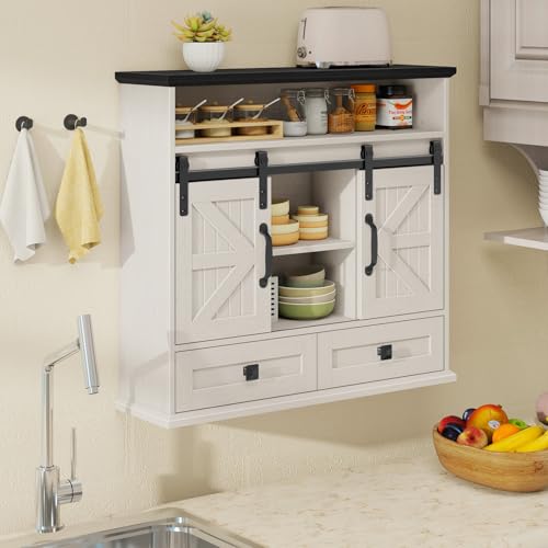 Image of Vabches Bathroom Wall Cabinet, Farmhouse Medicine Cabinet with Sliding Door | Vintage Storage Cabinet Wall Mounted with Storage Drawer and Removable Divider for Bathroom, Kitchen, Rustic White and Black