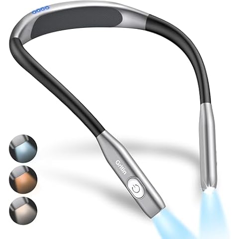 Gritin Neck Reading Light, Book Light for Reading in Bed- Eye Caring 3 Colors,Stepless Dimming Brightness,Bendable Arms,80+Hrs Runtime,Round Neck Design,Comfortable&Flexible for Reading, Knitting etc Cover