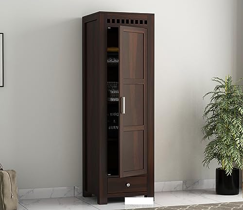 Image of Sheesham Wood Wooden Single Door Wardrobe Organizer for Clothes | - Solid Wood Almirah with 1 Drawers, 4 Shelves - Cupboard for Large Bedroom, Walnut Finish
