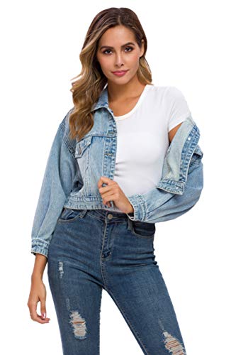Women's Loose Jean Jacket Casual Long Sleeve Denim Classic Jacket Coats (Blue, Medium)