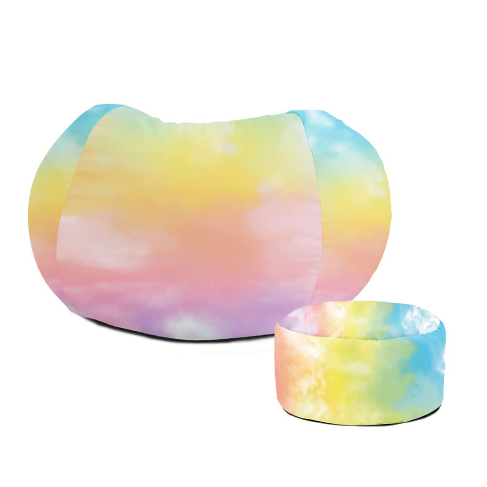 rucomfy Beanbags Tie-Dye Bean Bag Kids Printed Colourful Design Filled Childrens Chair. Durable Machine Washable Furniture. Pastel Colours, Indoor Filled (Medium with Footstool)