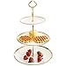Supporto per Torta Bandeja para Tartas Fruteros con Pisos Bandeja de cerámica redonda blanca de 2 niveles Plato para servir Hojaldre apilado Plato para servir fruta Soporte para regalo, Gold Edge