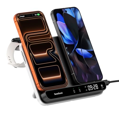 Dual Phone Wireless Charger for iPhone 17/16/15/14 Series for Galaxy S25/S24/S23/S22 for Pixel 9 Pro Fold/8/7 Only for Pixel Watch 3/2(Not for Watch 4/1) Fitbit Versa 4/3/Sense 2 SwanScout 710FG2