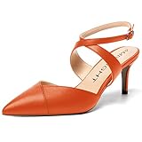AMBELIGHT Women's Dress Office Stiletto Ankle Strap Buckle 2.5 Inch Mid Heel Pointed Toe Matte Pumps Shoes Orange Size 7.5 - Tacones de Mujer Altos