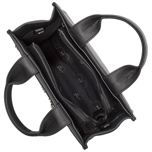 Betsey Johnson XO Nora Black Faux Leather 3D And Embroidered Charms Small Top Handle Tote Shoulder Bag Includes 3D Daisies, Butterflies, Lady Bugs, White Floral Charms With Silver Tone Ball Studs3