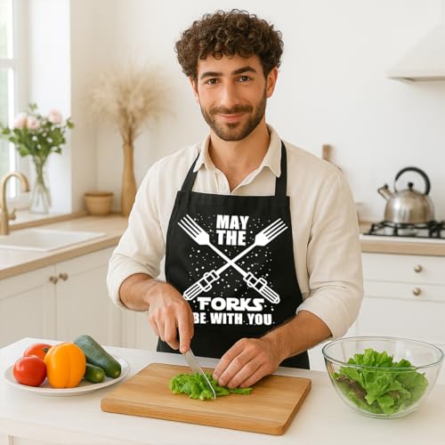 Niyorayna Funny Grill Aprons for Men,Dad,Boyfriends,Husband,Men's Chef Grilling Aprons with 2 Pockets Cooking Gifts for Birthday,Christmas,Father’s Day,BBQ Gift for Men,May The Forks Be with You by Niyorayna - Used condition - Image 4