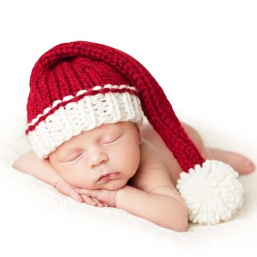 ForBaysy Newborn Christmas Santa Hat Photography Prop Hand-Knit Red & Santa Costume Photo Shoot Outfit
