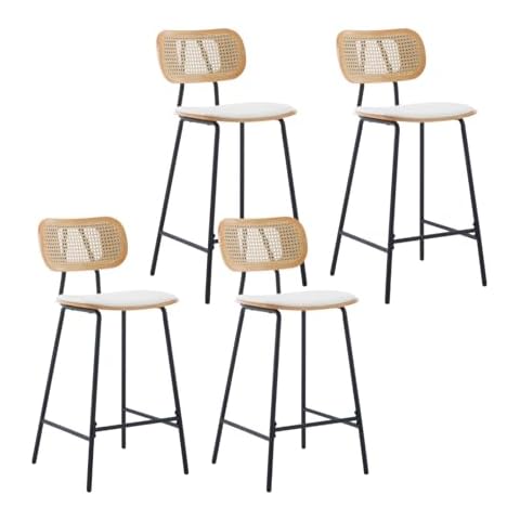 HEAH-YO Rattan Counter Stools Set of 4, 26 Inches Counter Height Bar Stools with Rattan Back and Metal Legs, Faux Leather Kitchen Stools for Island, PU White Cover