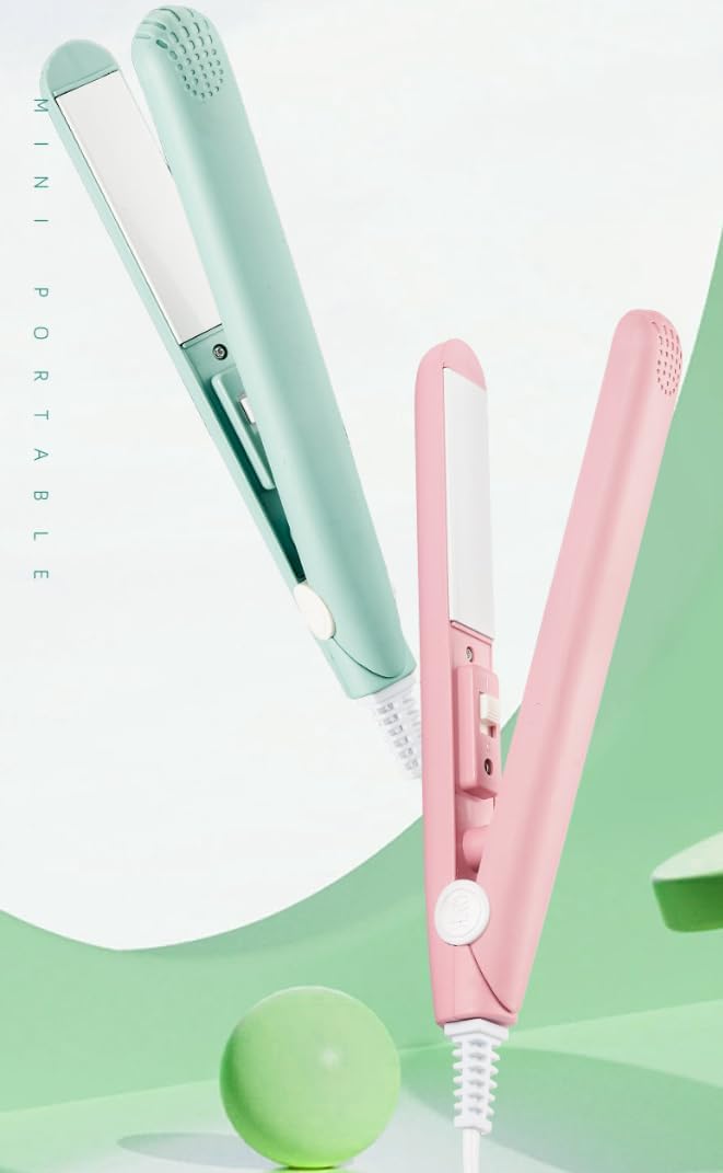 Mini Hair Straightener, Portable 2-in-1 Flat Curling Iron, Ceramic Tourmaline Coated, Fast Heating, Anti-Scald Design, Compact Travel Size, Pink/Blue (Pink)
