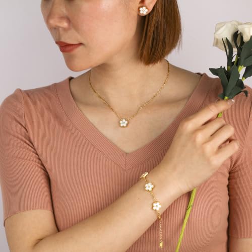 Double Sided Five Leaf Clover Jewelry Set for Women, 18K Gold Plated Stainless Steel, Black Mother of Pearl on One Side & Full Zircon Inlay on the Other, Adjustable Lucky Jewelry Set, Gifts for Girlfriend Wife Mom Daughter Granddaughter (02-White) — view 4