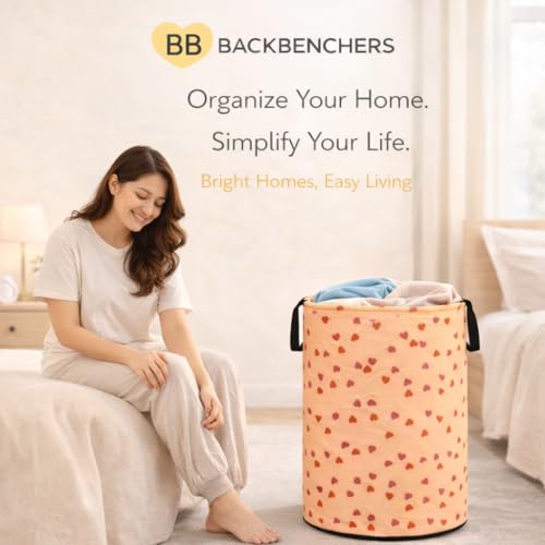 Image of Printed Laundry Basket 48L | Foldable Storage Bag with Handles | Multipurpose Clothes Hamper for Bedroom, Bathroom & Dorm | Non-Woven Fabric (Heart Print) | Orange | Pack of 1