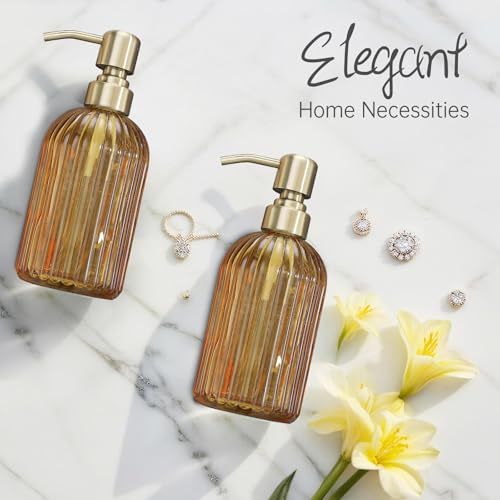 Image of 16 OZ Amber Glass Soap Dispenser, Amber Stripe Bathroom Hand Soap Dispensers with Stainless Steel Brushed Gold Pump,Brown Glass Kitchen Hand Soap Dispenser with Brushed Gold Pump,2 Packs