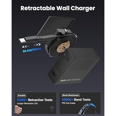 Gitryin 40W USB C Wall Charger with Built-in Retractable Cable, 2-in-1 Foldable Fast Charger Block, Travel Essentials Compatible for iPhone 17/16/15, iPad, Galaxy, Pixel, Black