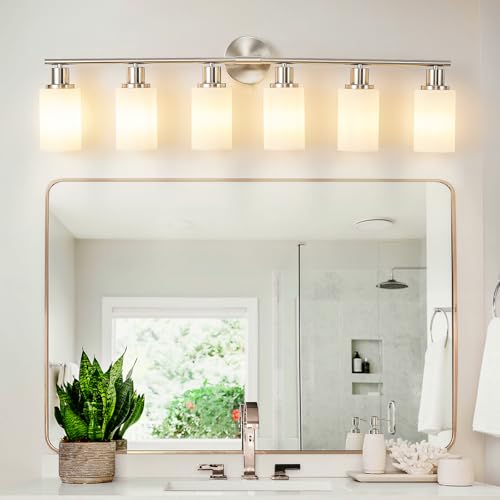Image of DLLT 6-Light Bathroom Light Fixtures: Nickel Modern Vanity Lights with E26 Bulbs - Milky White Glass Shade Bathroom Wall Lamp for Mirror Kitchen Living Room Hallway Cabinet Porch