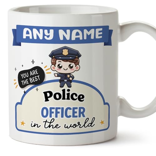 Image of MUGFFINS Personalised Mug for Police Officer man - in English - Best in the World - Kawaii - Funny Custom Gift for Colleagues - Ceramic 11oz Mug