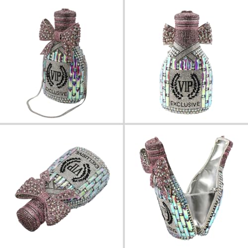 Image of UMREN Women Champagne Bottle Rhinestone Evening Bag Sweet Bow Diamond Clutch Purse Crystal Handbag for Party Cocktail