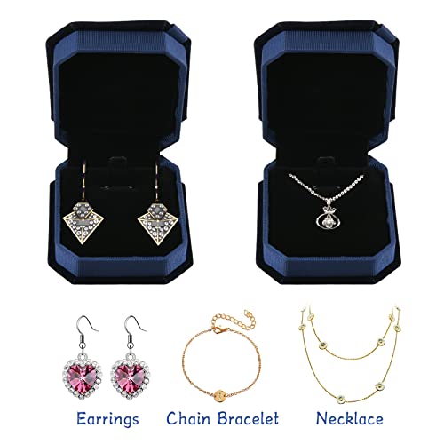 Cosmos 2 Pcs Velvet Necklace Gift Box Pendant Gift Box Octagonal Earrings Jewelry Box Bracelet Storage Case With Bow For Engagement, Valentine's Day, Birthday Gift And Jewelry Storage - Blue Color #TOP4