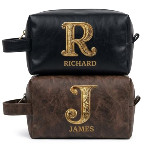 Neceser de Cuero Personalizado para Hombre - Neceser Piel Grabado con Nombre e Iniciales Monograma, Bolsa de Viaje Impermeable, Regalo Padrinos de Boda, Día del Padre, Cumpleaños, Marido Papá Novio