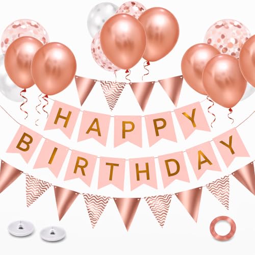 OHugs Happy Birthday Banner Rose Gold Birthday Party Decorations for Women and Girls with 12 Inch Rose Gold White and Confetti Balloons Happy Birthday Bunting Banner with Wall Hooks