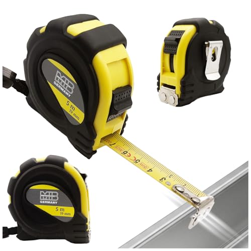 MIB Mètre ruban de poche 5 m | Mètre ruban avec crochet d'extrémité magnétique et clip de ceinture | Mètre ruban enrouleur avec dispositif de blocage et retour | Mètre ruban robuste avec échelle