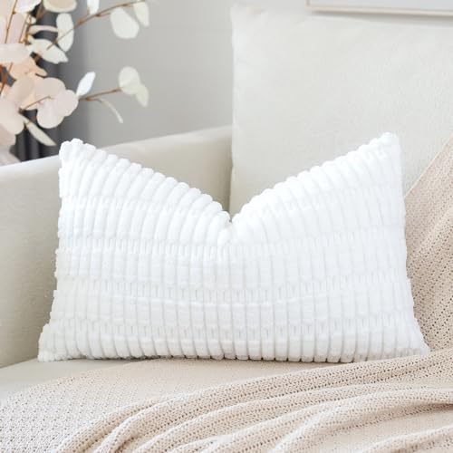 Artscope Corduroy Set of 1 Cushion Cover 30x50 cm Super Soft Boho Striped Lumbar Pillow Covers Case Decorative Modern Cushion Covers for Sofa Couch Bedroom Car Decor Pure White