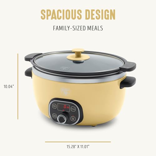 Image of GreenLife 6QT Slow Cooker, Non-Toxic PFAS-Free Ceramic Nonstick Removable Interior Bowl, Programmable, Family Friendly, Keep Warm, Stovetop & Oven Safe, Dishwasher Safe Crock, Timer, Glass Lid, Yellow