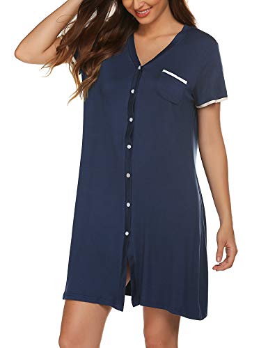 Ekouaer Night Dress Womens Long Sleeve Long Nightgown Neck Sleepwear Sleep Shirt Sleep Dress Nightshirt(Navy Blue,XXL)