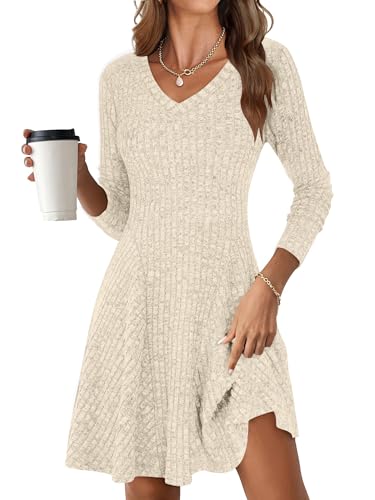 ROFUSSO Strickkleid Damen Langarm Kleider Herbst V Ausschnitt Pulloverkleid Elegant Gestrickt Midikleid Lässiger Knielanger A Linie...