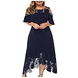 Women's Summer Plus Size Lace Cold Shoulder Short Ruffle Sleeve Long Swing Evening Party Maxi Dress Navy
