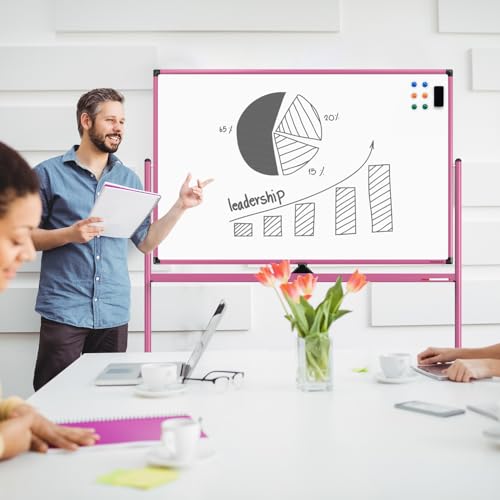 Image of Large Dry-Erase Rolling Magnetic Whiteboard - 48 x 32 Inches Dry Erase Board with Stand Height Adjust Double Sides Mobile White Board Easel on Wheels with 25 Sheets Paper Pad Office, Home & Classroom