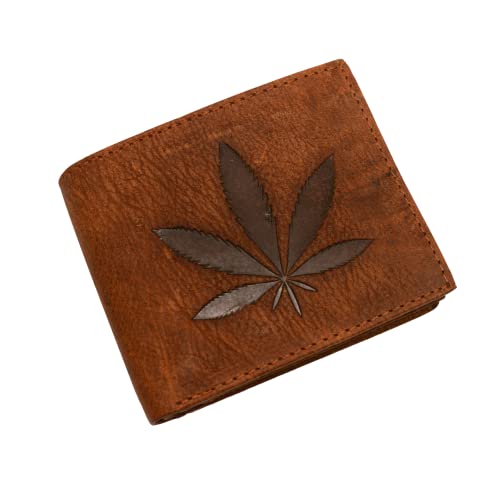MARSHAL RFID Blocking Real Leather Slim Bifold Wallet Center ID Flap Window Engraved Logos Front Pocket Wallet for Men (Marijuana)