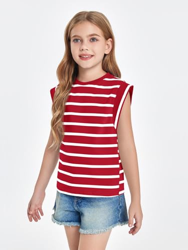 Image of Haloumoning Girls Cap Sleeve T Shirts Summer Striped Tank Tops Tees 4-14 Years