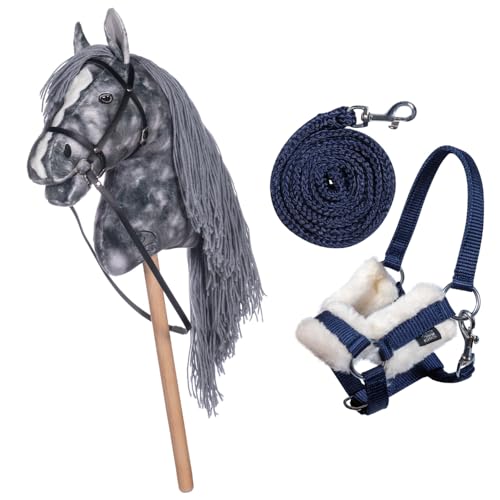 HKM Kids Hobby Horse, Apfelschimmel, Grau, mit Halfter und Führstrick in Blau, Steckenpferd für Kinder, Pferde Spielzeug