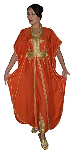 Moroccan Caftan Hand Made Breathable Cotton with Gold Hand Embroidery Long Orange