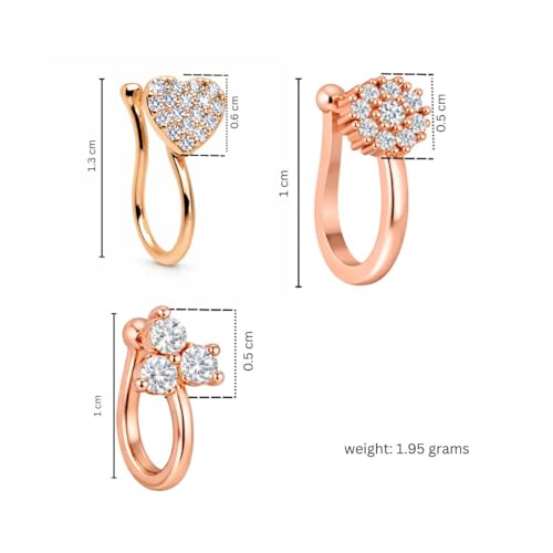 Image of Nilu's Collection Rose Gold American Diamond Non Piercing Nose Pin for Women | Elegant Flower Nose Stud | Minimal Clip-On Nose pin | Anti-Allergy | Anti-Tarnish | Office Wear | Daily Wear | office Wear | Non Piercing