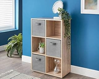 spot on dealz® 6 Cubes Wooden Storage Shelving Unit Oak With 3 Grey Fabric Woven Drawer Basket Bookcase Home Office Use Display Furniture Living Room furniture Decor