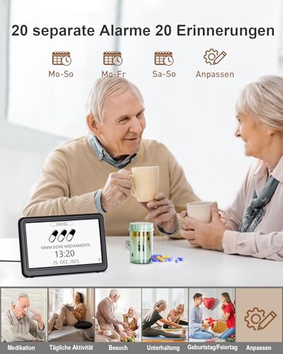 Roxicosly Digitaler Kalender, Elektronischer Tag Datum Wecker, Digital Uhr mit 20 Benutzerdefinierte Erinnerungen, 20 Wecker, 12 Themen, 10 Stufen Dimmer, 7 Zoll, Demenz Uhr für Senioren