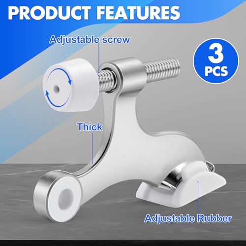 Azureal Door Stopper Hinge 3P, Adjustable Heavy Duty Hinge Door Stopper, 2-1/2\" x 1-3/4\'\' Hinge Pin Door Stop with White Rubber Bumper Tips, Satin Nickel