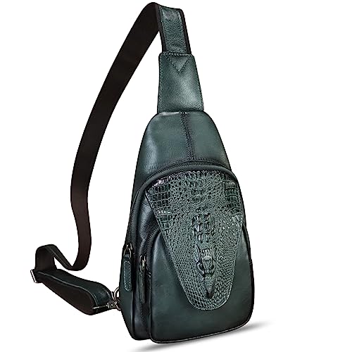 FEIGITOR Genuine Leather Sling Bag Embossed Crocodile Pattern Leather Crossbody Sling Backpack Handmade Chest Purse Daypack (Darkgrey)