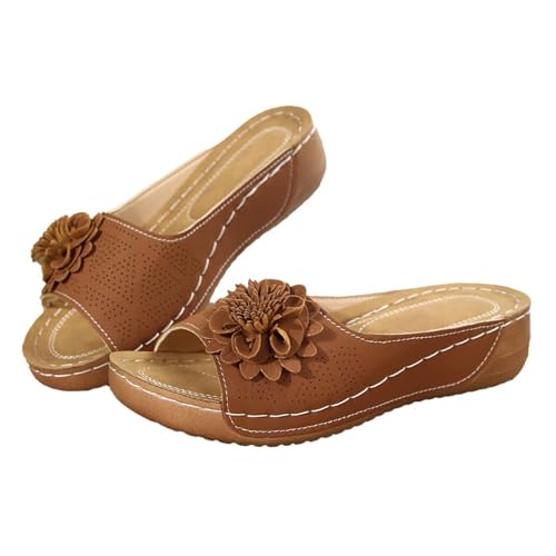 Womens Wedge Sandals Flowers Orthopedic Sandals Low Open Toe Slides Sandal Summer Dressy Platform Shoes Casual Slip Arch Support Shoes Boho Slip on Beach Walking Shoe