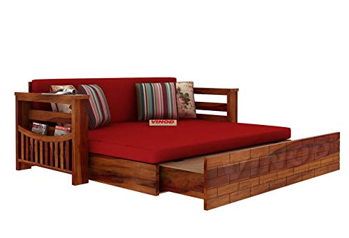 Image of Solid Sheesham Wood Sofa Cum Bed with Storage and Cushions Set for Home Living Room, King Size, Honey Finish (Walnut Finish)
