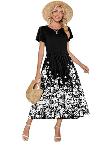 Image of Zeagoo Summer Dresses for Women 2026 Maxi Bohemian Floral Short Sleeve Long Dress Casual Flowy Tired Beach Sundress