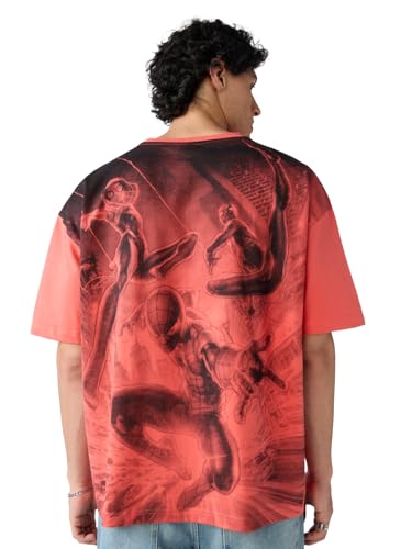 Image of The Souled Store Official Marvel: Spider x Venom Oversized T-Shirt for Men Boys Cotton Casual Half Sleeves Baggy Loose Fit Drop Shoulder Round Neck Black