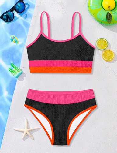 Image of Girls Bathing Suit Color-Block Adjustable Straps Bikini Sets Girls Two Piece Swimsuits with Chest Pad Swimwear 7-18T